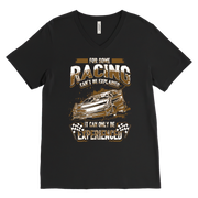Black V-neck t-shirt with racing graphic and text on a white background