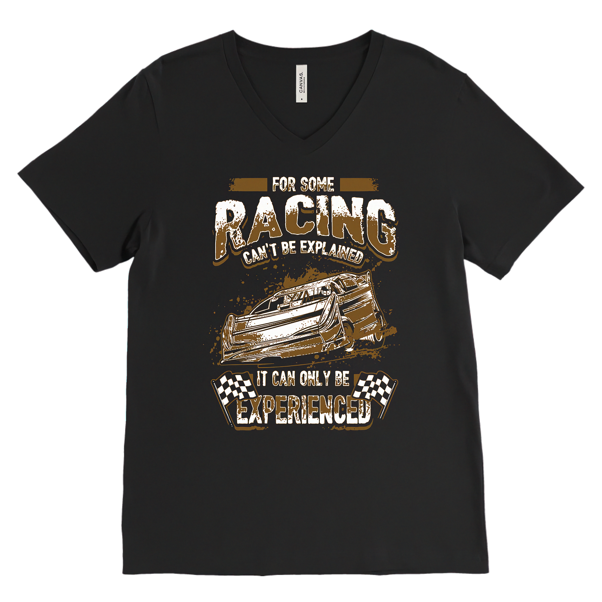 Black V-neck t-shirt with racing graphic and text on a white background