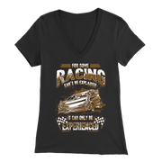 Black V-neck t-shirt with racing graphic and text on a white background
