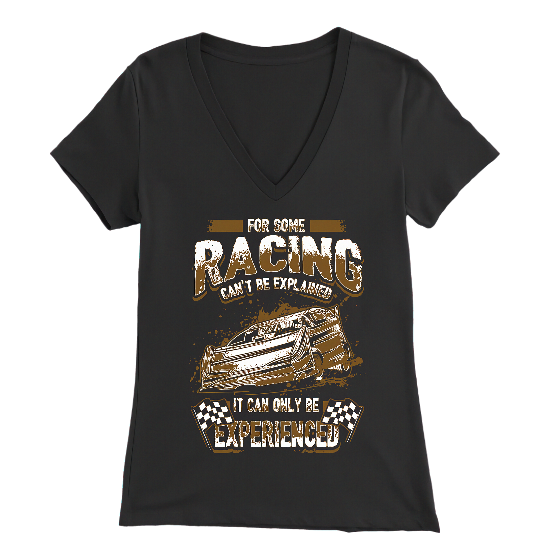 Black V-neck t-shirt with racing graphic and text on a white background