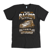 Black t-shirt with racing-themed graphic and text on a white background