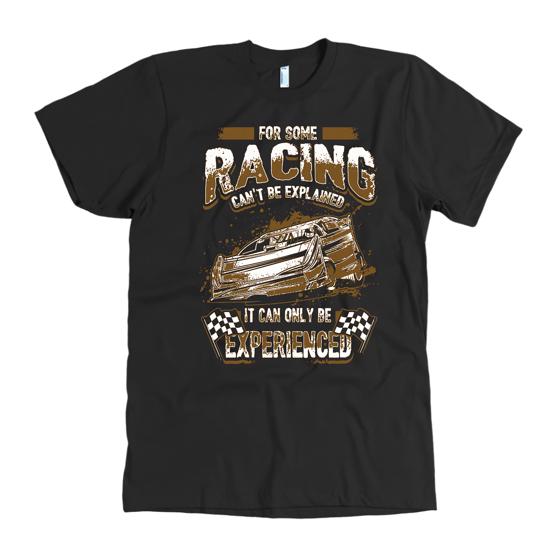 Black t-shirt with racing-themed graphic and text on a white background