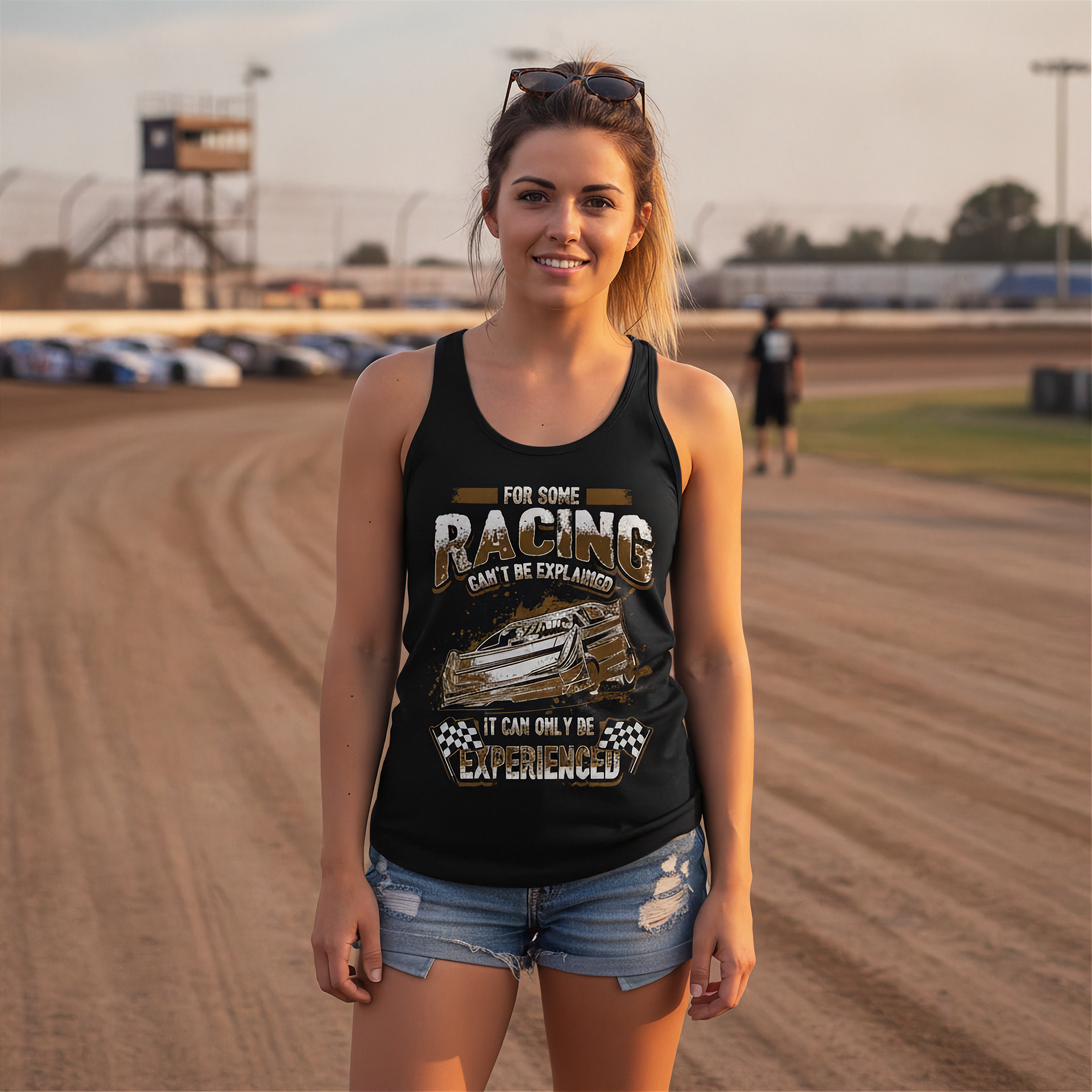 Woman wearing a tank top with racing graphic on a race track