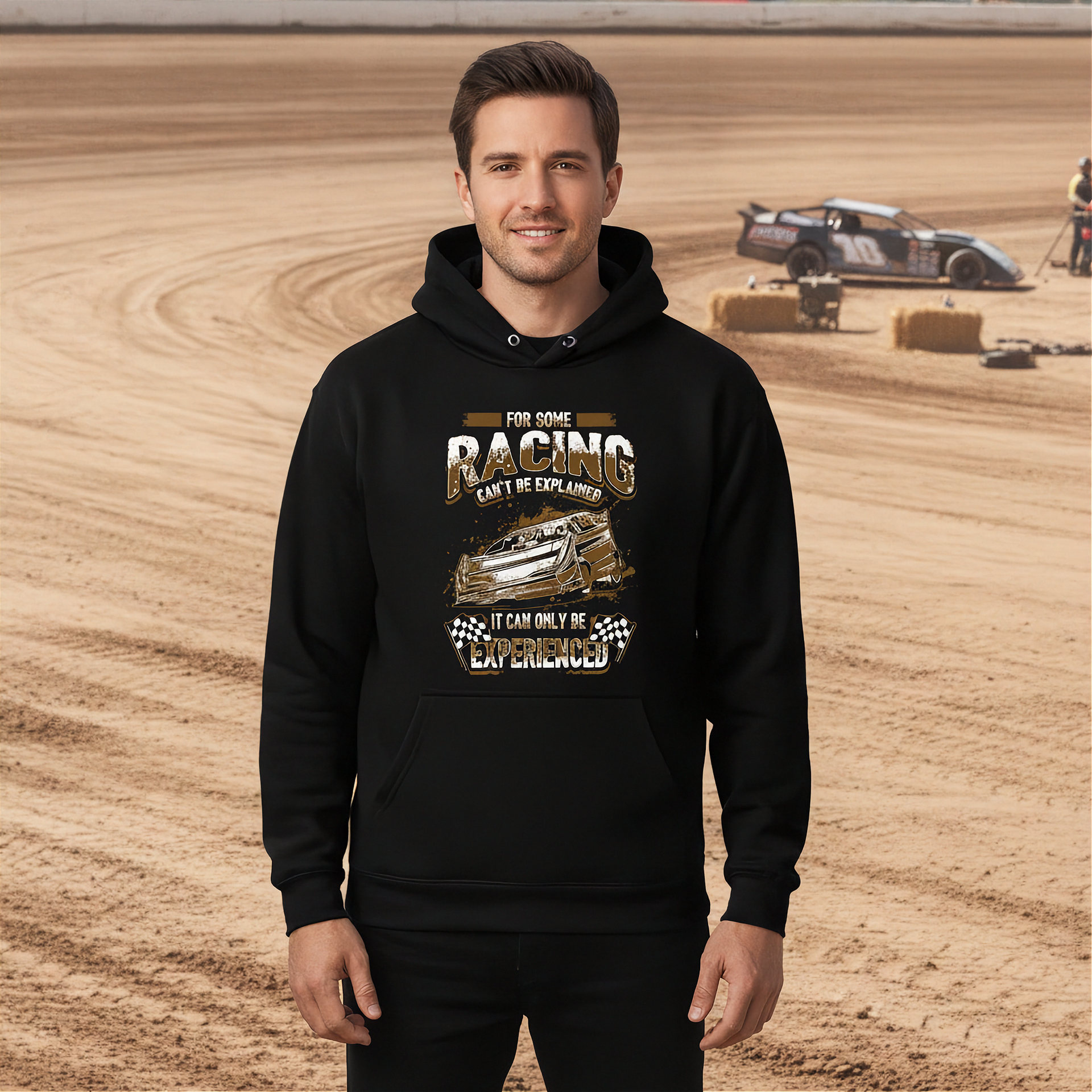 Man wearing a black hoodie with racing graphic on a dirt track background