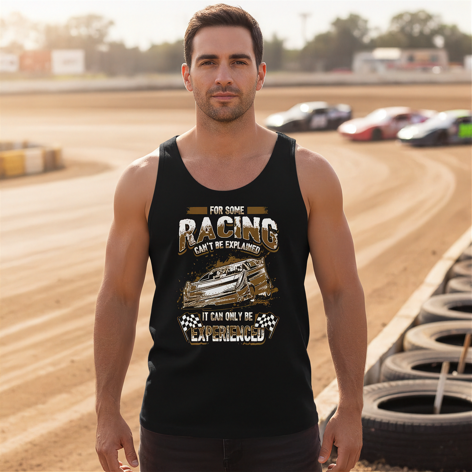 Man wearing a black tank top with racing-themed text and graphics on a race track.