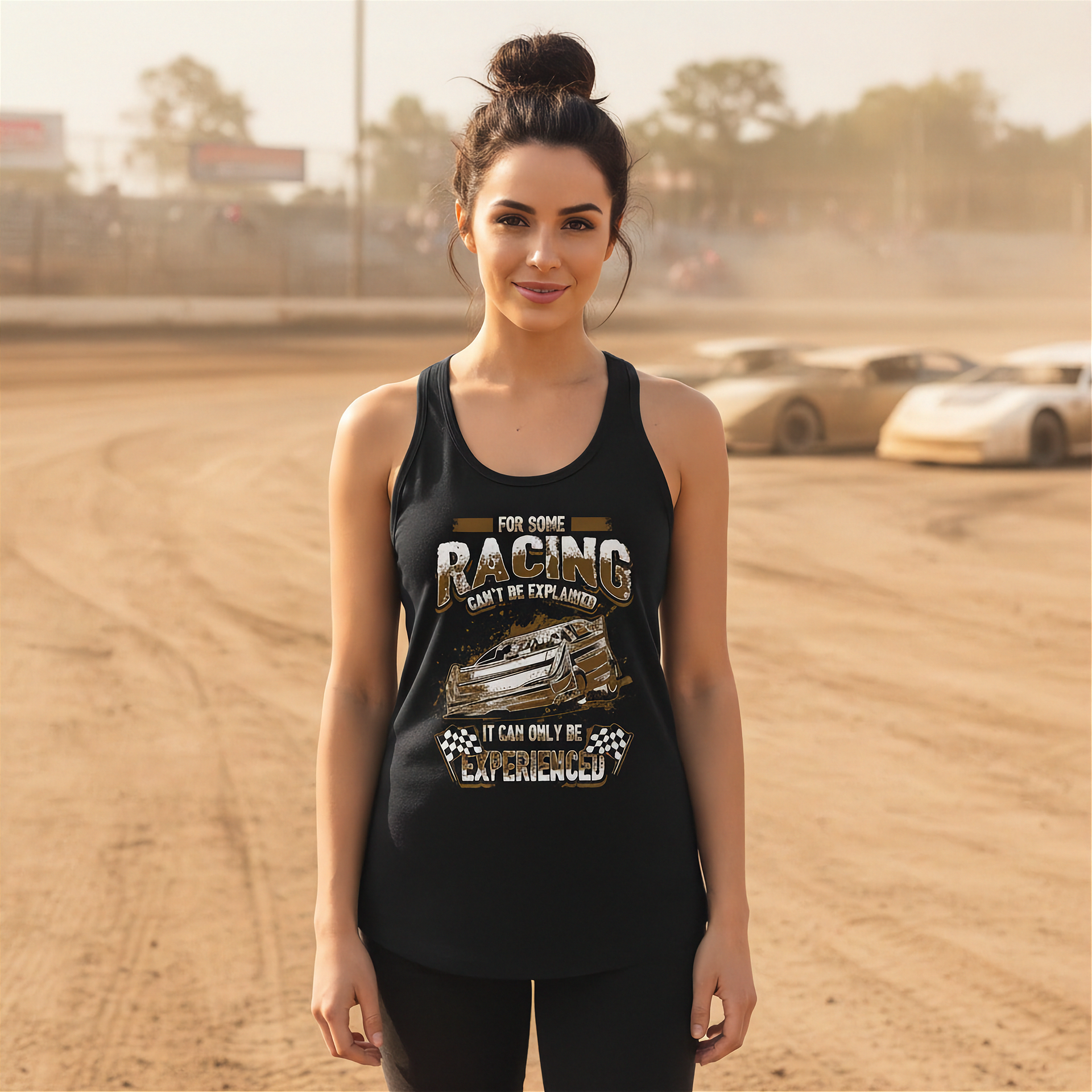 Woman wearing a black tank top with racing graphic and text on a dirt track background
