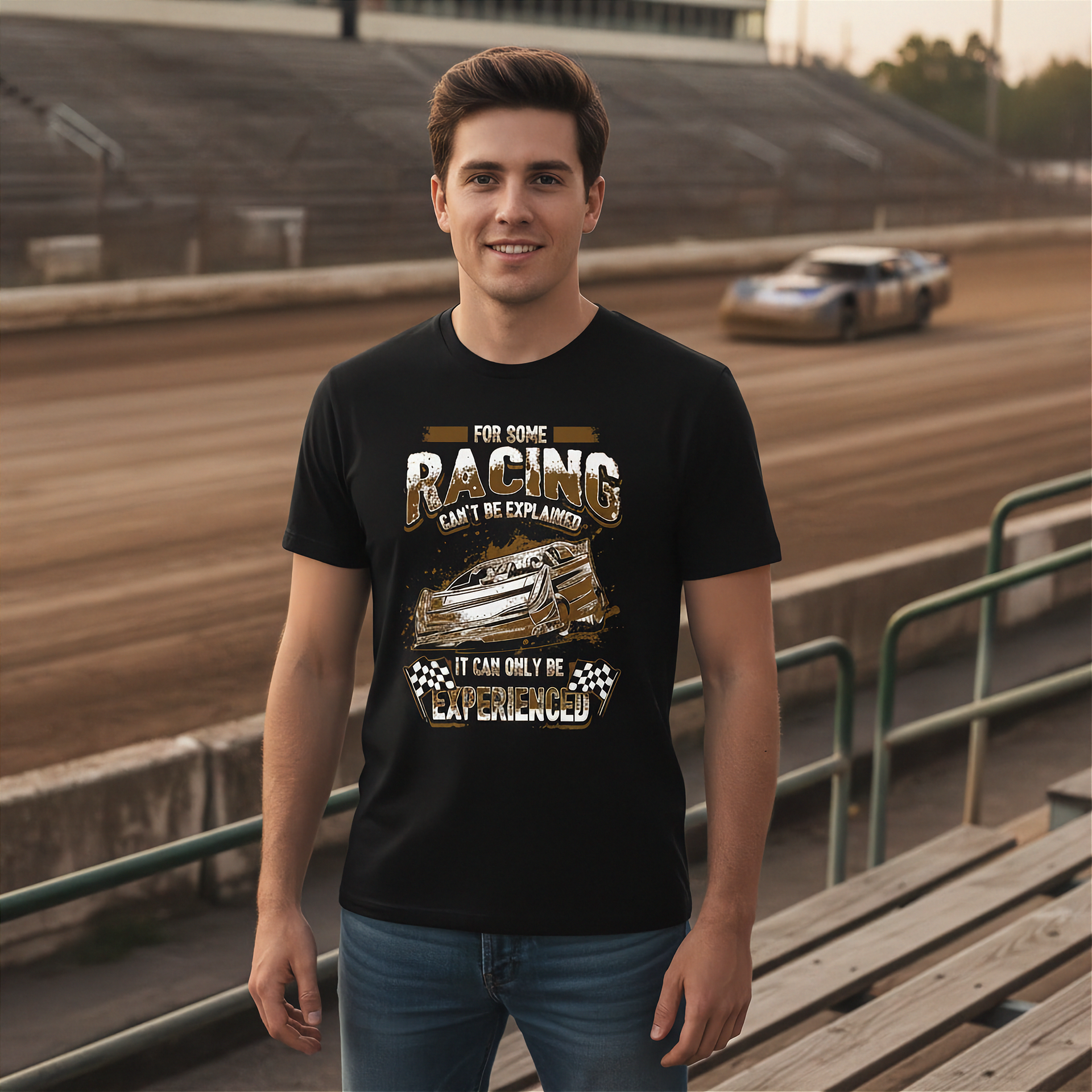 Man wearing a black t-shirt with racing-themed design at a race track.