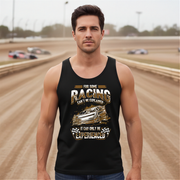 Man wearing a black tank top with racing graphic and text on a race track background