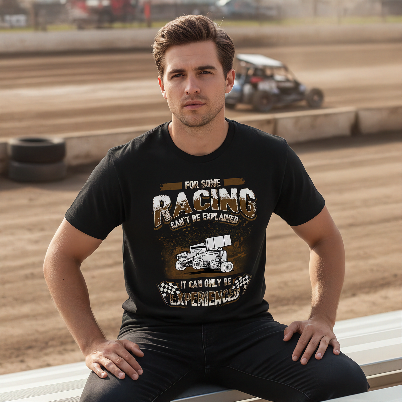 Man wearing a black t-shirt with racing graphic and text at a race track.