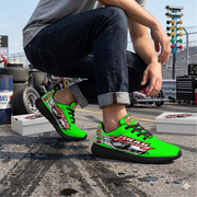 Fresh pistachio green drag racing sneakers with breathable mesh fabric.