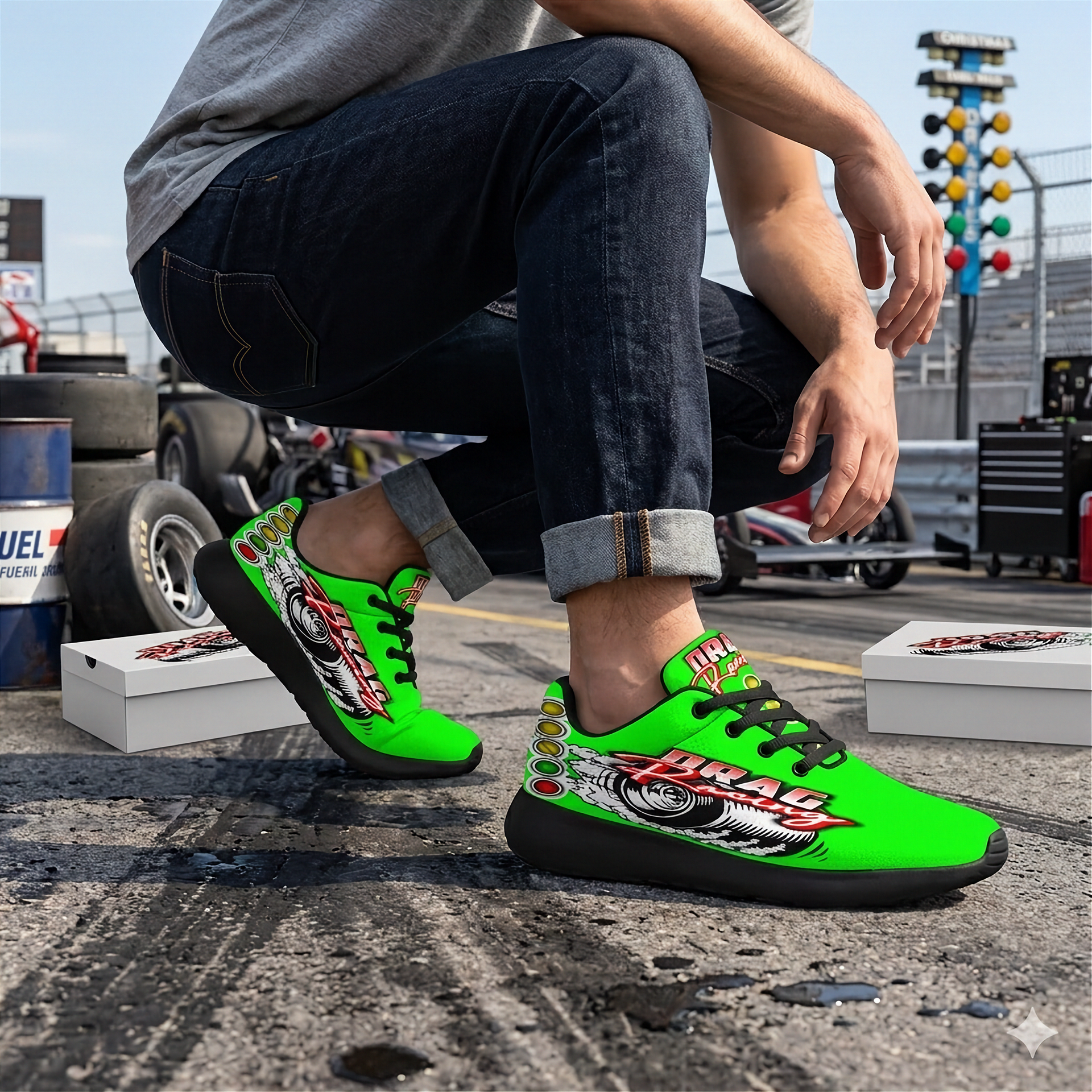 Fresh pistachio green drag racing sneakers with breathable mesh fabric.