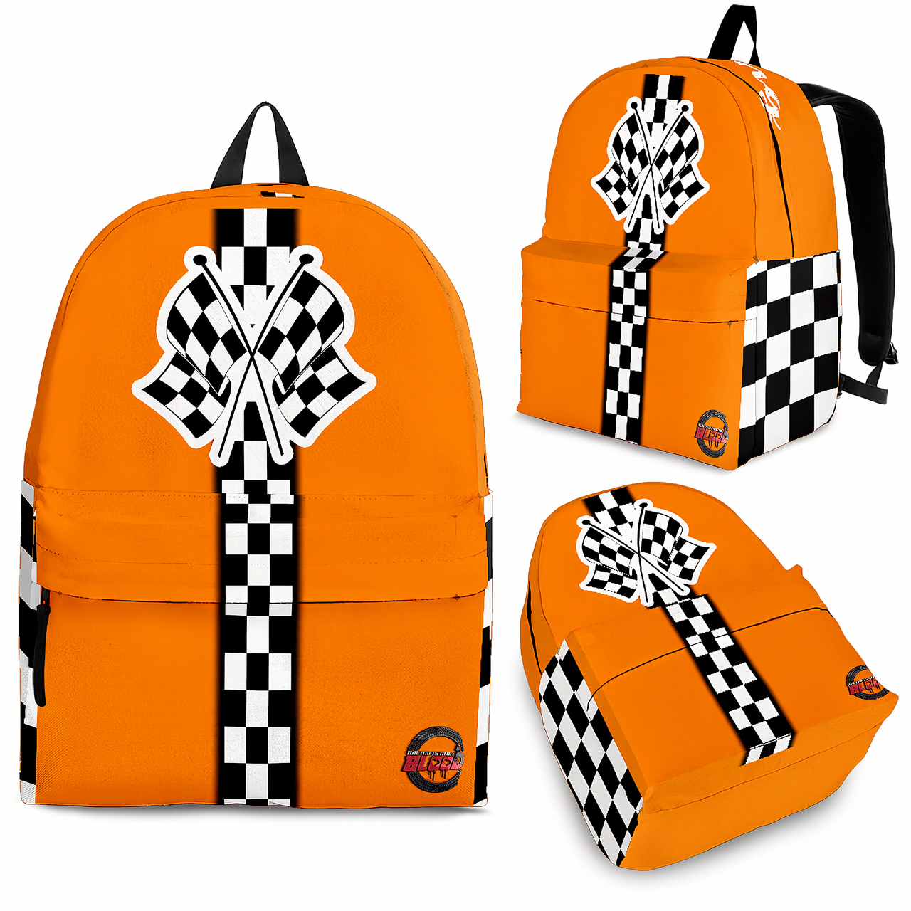 A young driver aged 8 to 12 standing alongside their crew chief instructor next to a bright orange race car in the paddock, both carrying matching custom orange racing track backpacks with adjustable black straps.