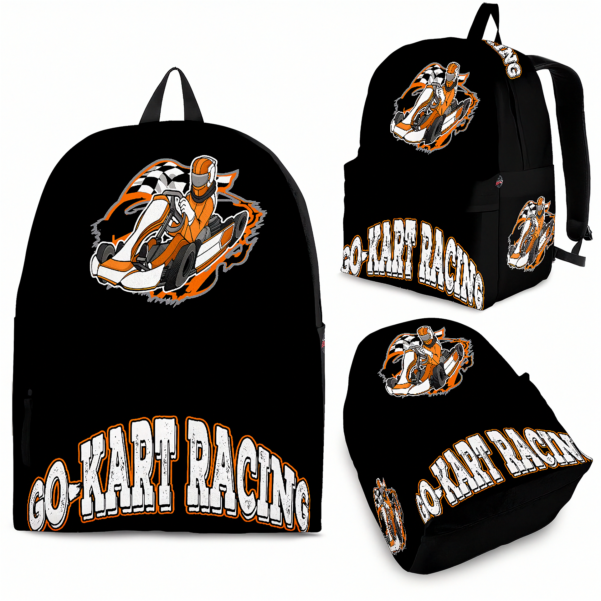 A young kart racer aged 8 to 12 standing in an outdoor track pit lane next to a sleek orange racing kart, wearing a custom orange go-kart track backpack with thick black padded shoulder straps while holding a racing helmet.