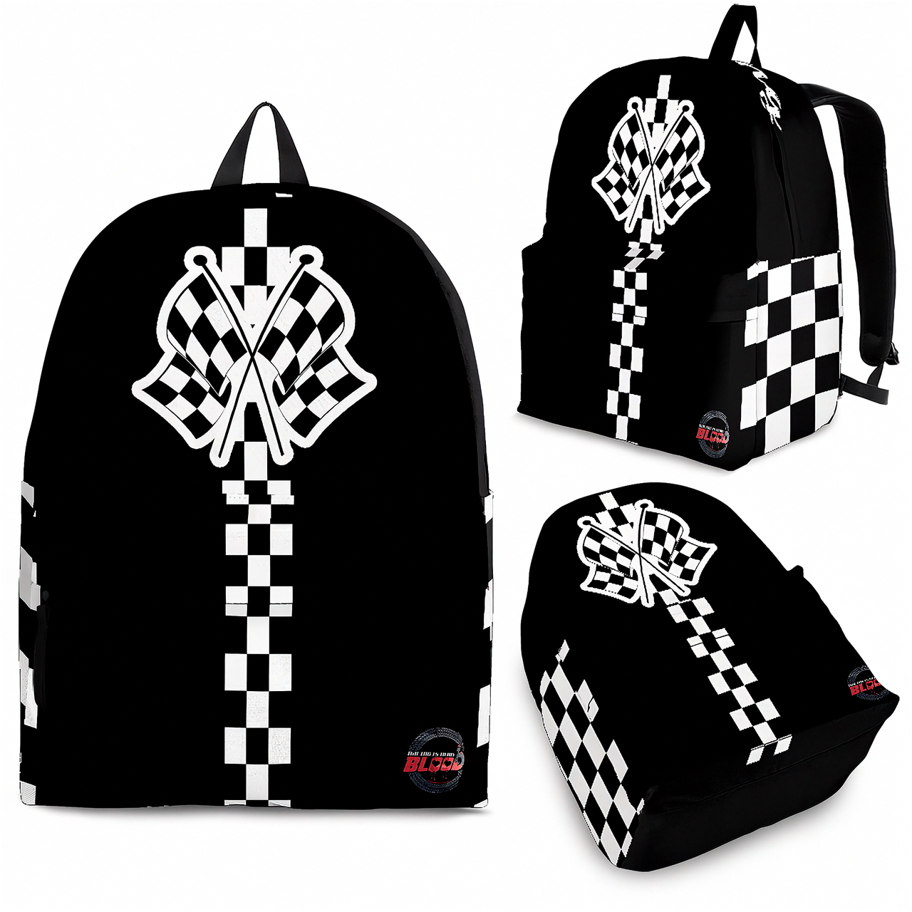 A young racing student aged 8 to 12 standing in a professional speedway garage bay alongside a classic sports car, wearing a new custom track racing backpack with thick black padded shoulder straps.