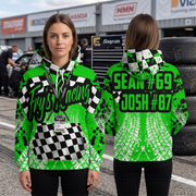 A woman modeling a bright green and black racing-themed hoodie, shown from both the front and back. The hoodie features a black and white checkered pattern across the chest and lower front, black tire tread graphics, and large text reading 'Fry's Racing' on the front and 'SEAN #69 JOSH #87' on the back.