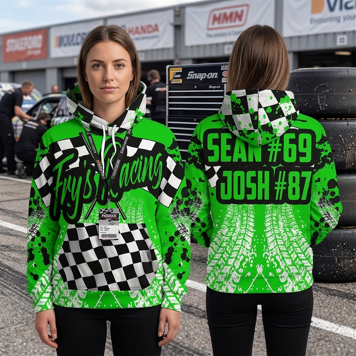 A woman modeling a bright green and black racing-themed hoodie, shown from both the front and back. The hoodie features a black and white checkered pattern across the chest and lower front, black tire tread graphics, and large text reading 'Fry's Racing' on the front and 'SEAN #69 JOSH #87' on the back.
