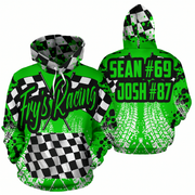 A bright green pullover hoodie shown from the front and back, featuring a black-and-white checkered hood lining, a large black script 'Fry's Racing' logo across the chest, tire-track graphics, and neon green text on the back reading 'SEAN #69 JOSH #87'.