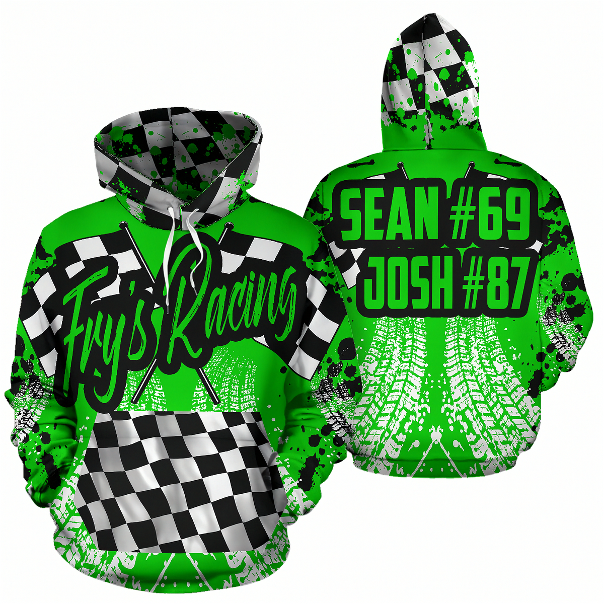 A bright green pullover hoodie shown from the front and back, featuring a black-and-white checkered hood lining, a large black script 'Fry's Racing' logo across the chest, tire-track graphics, and neon green text on the back reading 'SEAN #69 JOSH #87'.