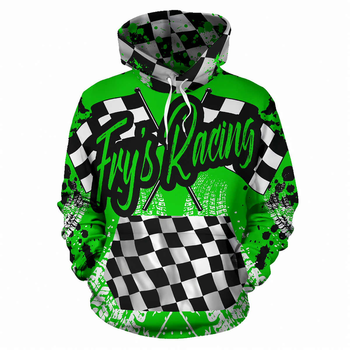 A green and black checkered hoodie with 'Fry's Racing' printed in green script across the chest, shown on a plain white background.