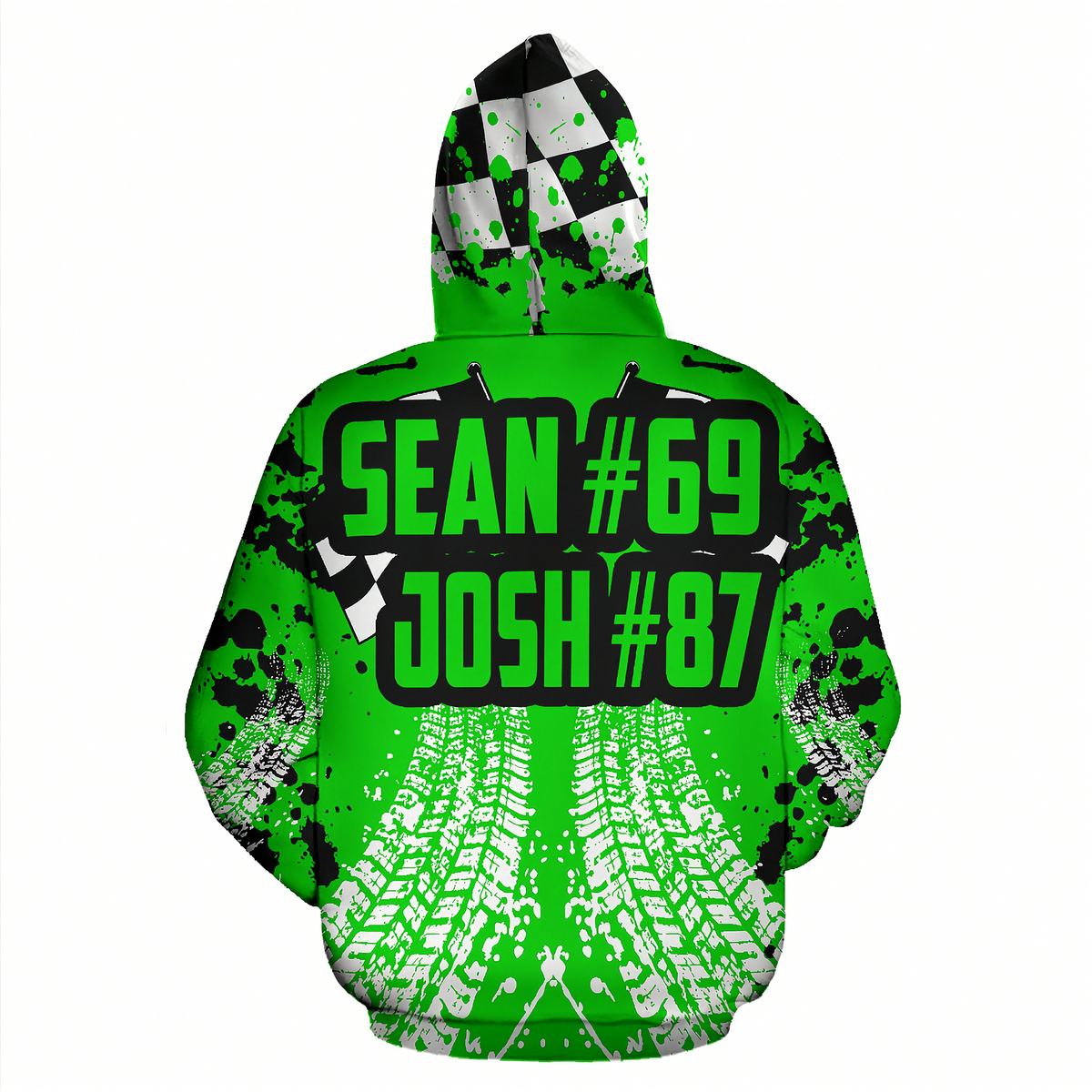 A bright green pullover hoodie with a racing-themed graphic print. The design features a black and white checkered pattern on the hood, black paint splatters, white tire tracks, and bold green text reading 'SEAN #69 JOSH #87' outlined in black on the front.