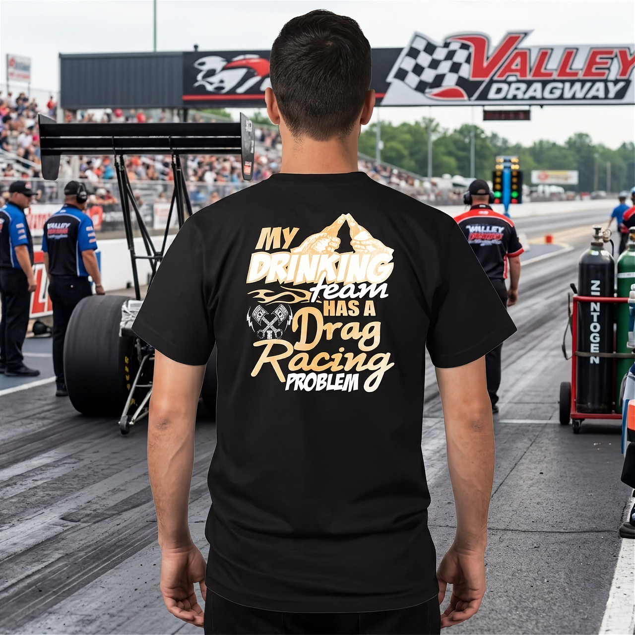 Funny drag racing apparel featuring the quote "My Drinking Team Has A Drag Racing Problem", available in premium t-shirts, crewneck sweatshirts, tanks, and warm hoodies.