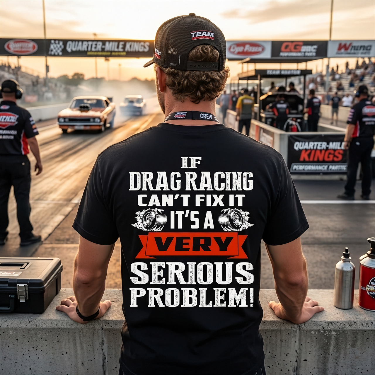 Funny motorsport apparel featuring the "If Drag Racing Can't Fix It, It's A Very Serious Problem" quote, available in premium t-shirts, unisex tanks, and hoodies.
