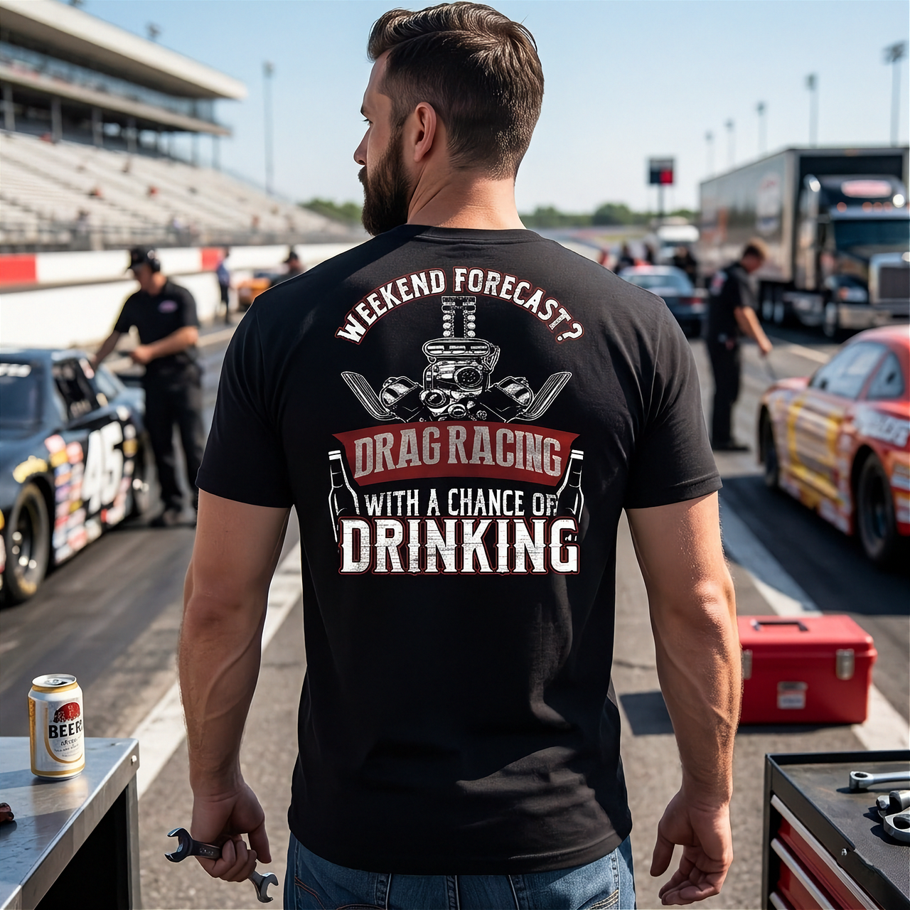 Funny motorsports apparel featuring the quote "Weekend Forecast Drag Racing With A Chance Of Drinking," available in premium t-shirts, crewneck sweatshirts, tanks, and warm hoodies.