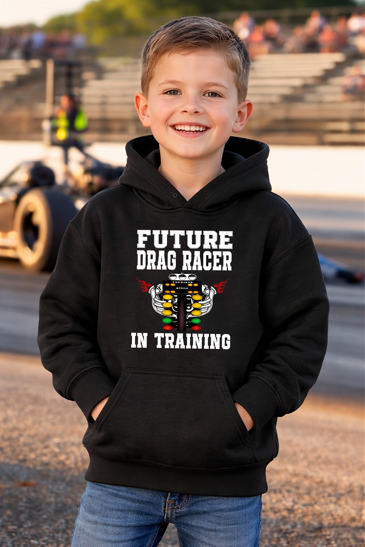 Child wearing a black hoodie with 'Future Drag Racer In Training' text at a race track.