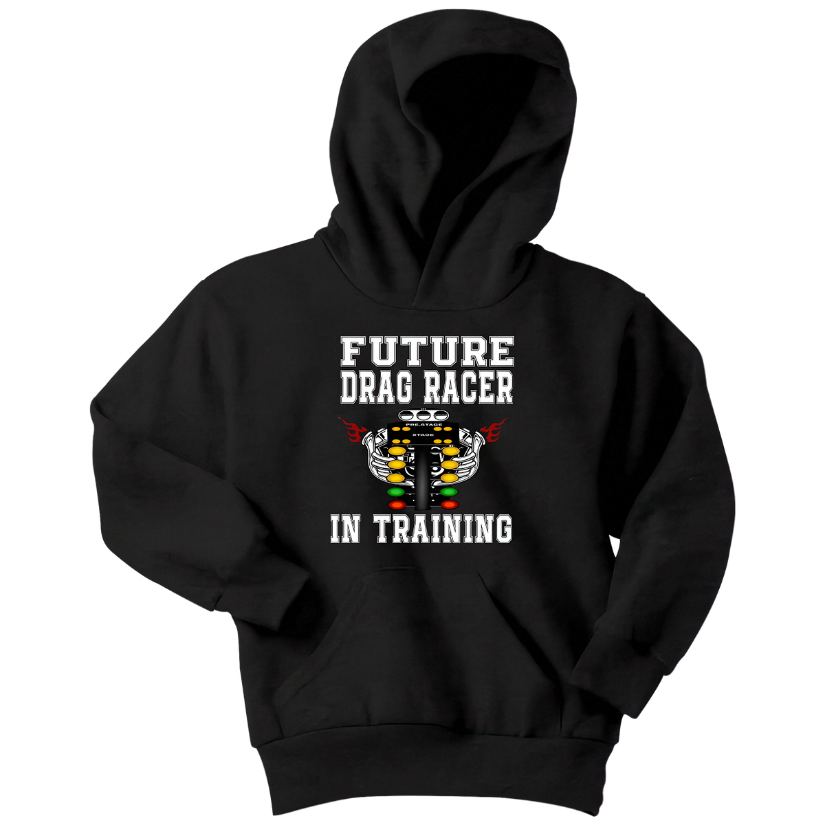 A black pullover hoodie with a graphic on the chest that reads 'FUTURE DRAG RACER IN TRAINING' in white text, above a drag racing flag illustration. The hoodie is shown on a plain white background.