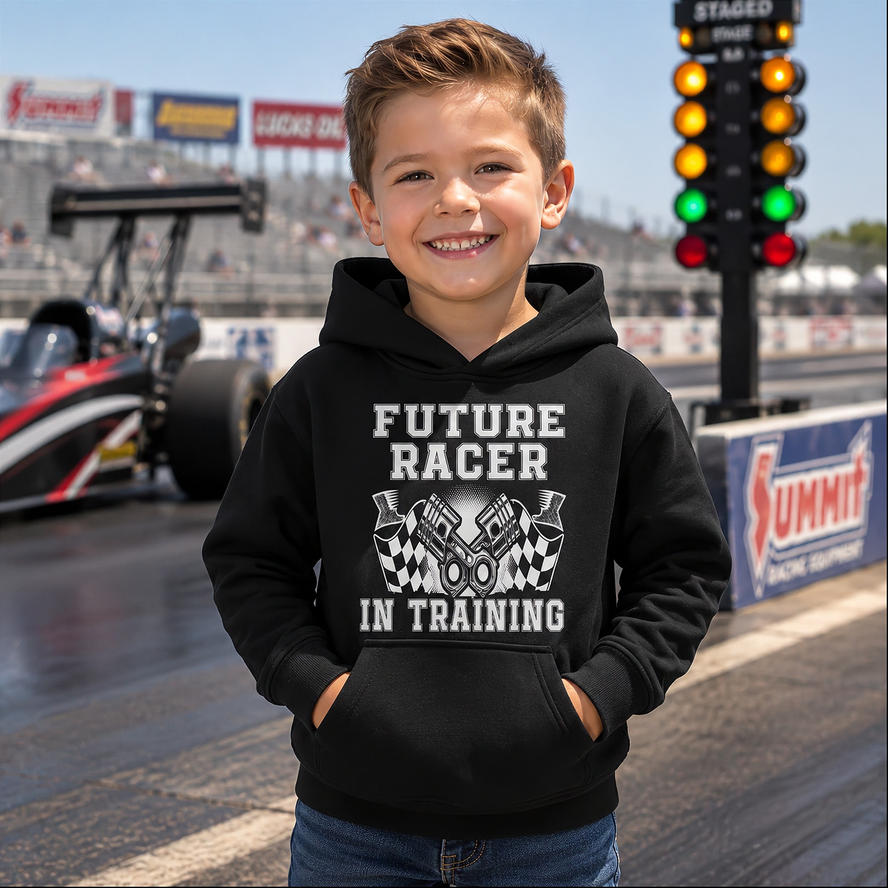 Child wearing a hoodie with 'Future Racer In Training' text at a race track.