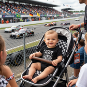Baby in a stroller at a race track with racing cars in the background