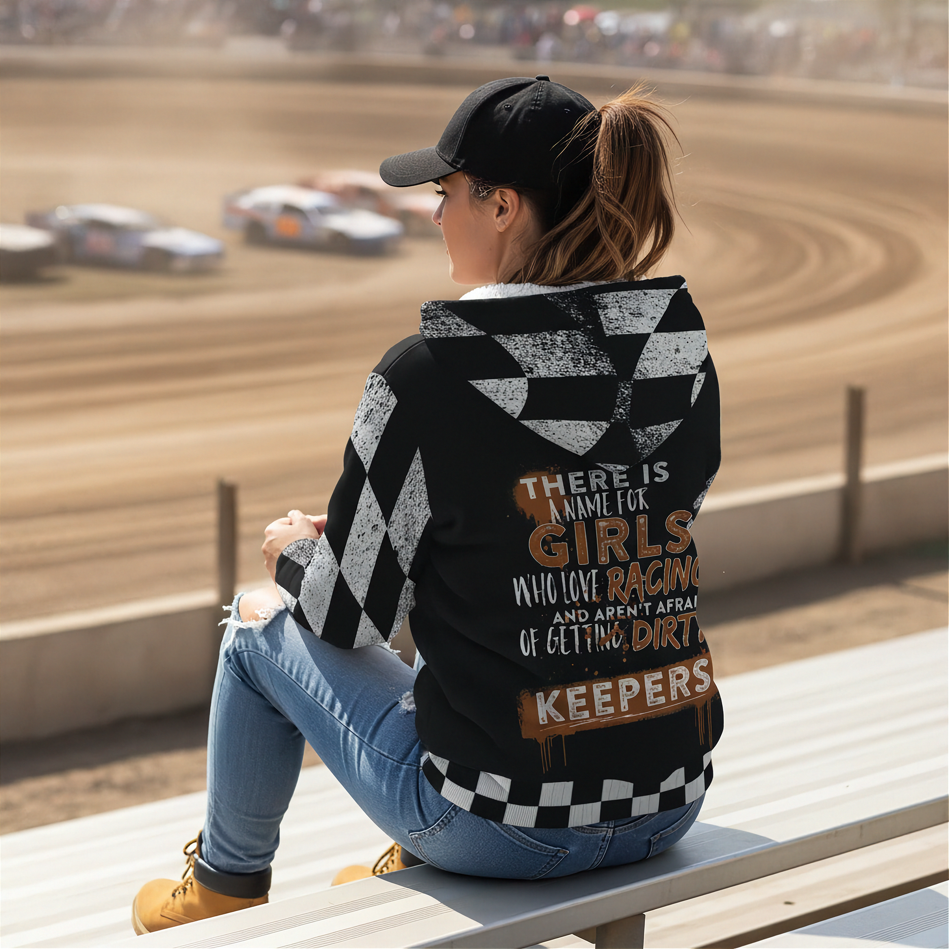 Woman sitting on a race track wearing a checkered jacket with text.
