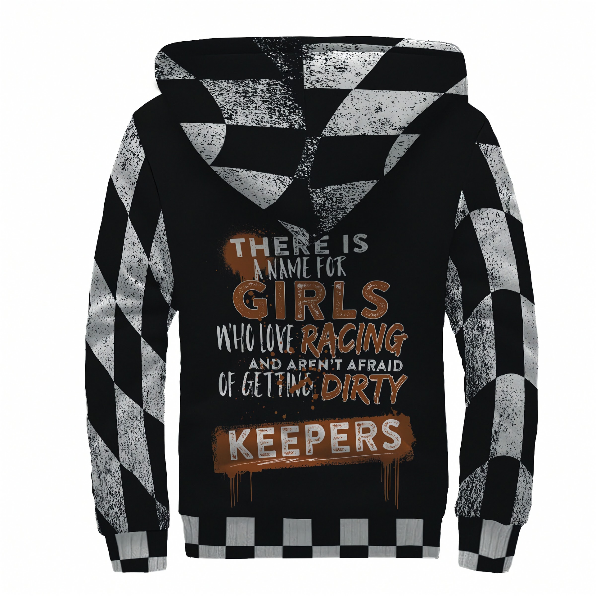 sherpa Hoodie with checkered pattern and text on a white background