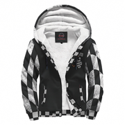 Black and white checkered hoodie with a brand label on a white background