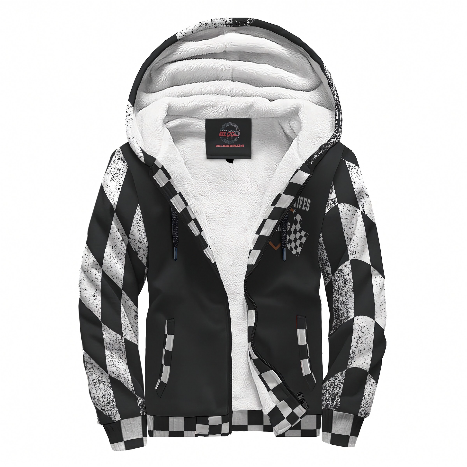 Black and white checkered hoodie with a brand label on a white background