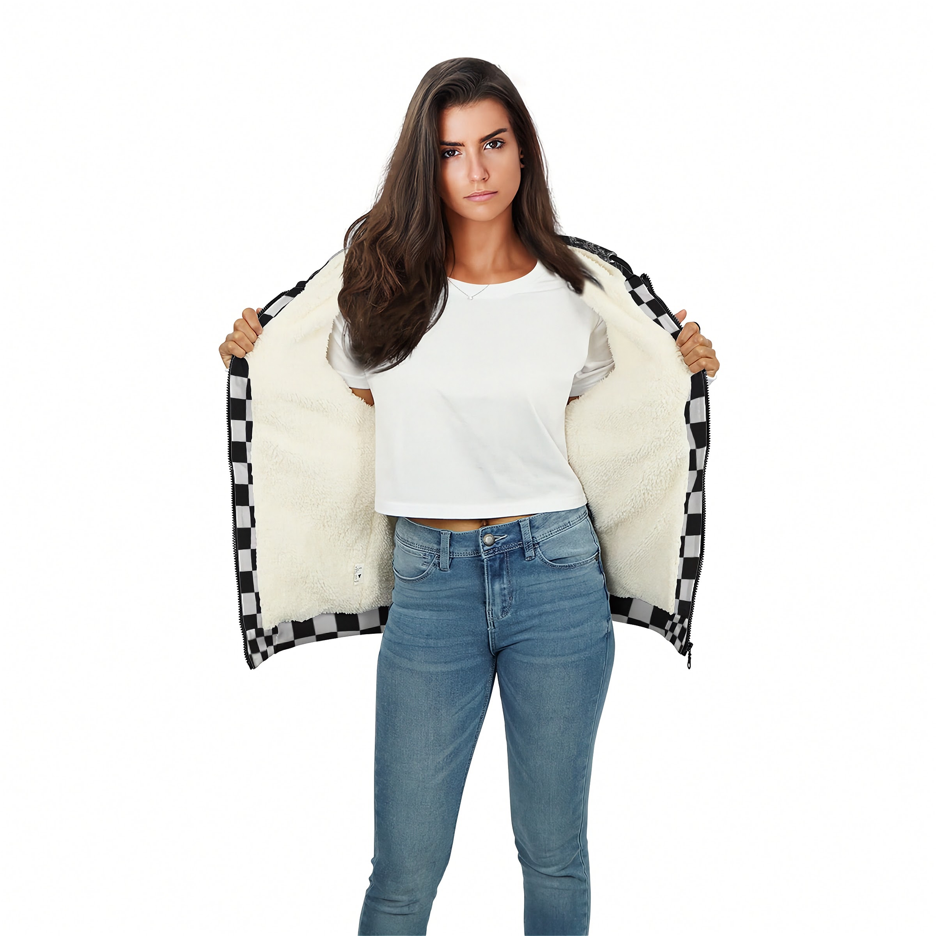 woman wearing a sherpa hoodie with white text and racing graphics on a white background