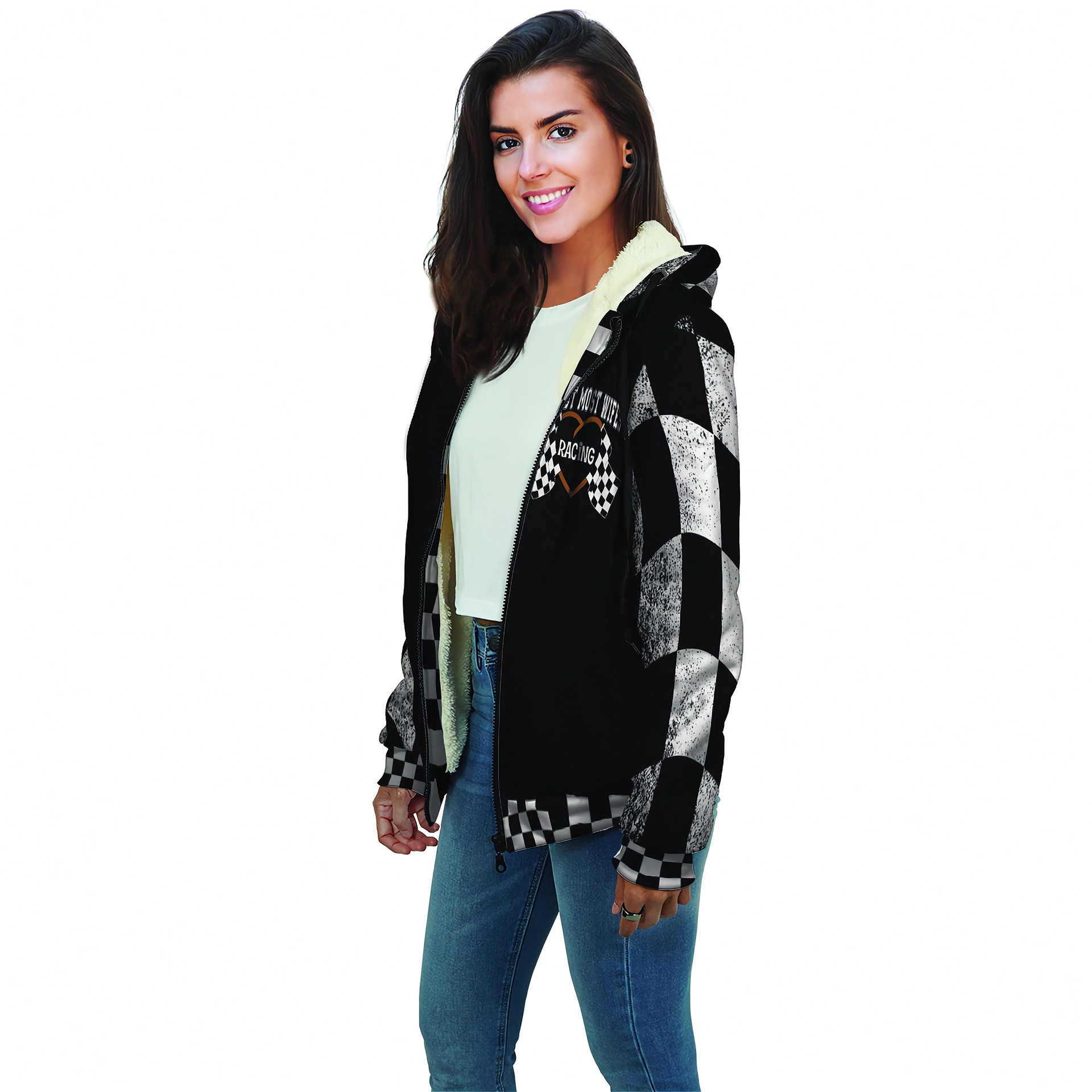 Woman wearing a sherpa hoodie with racing text on a white background