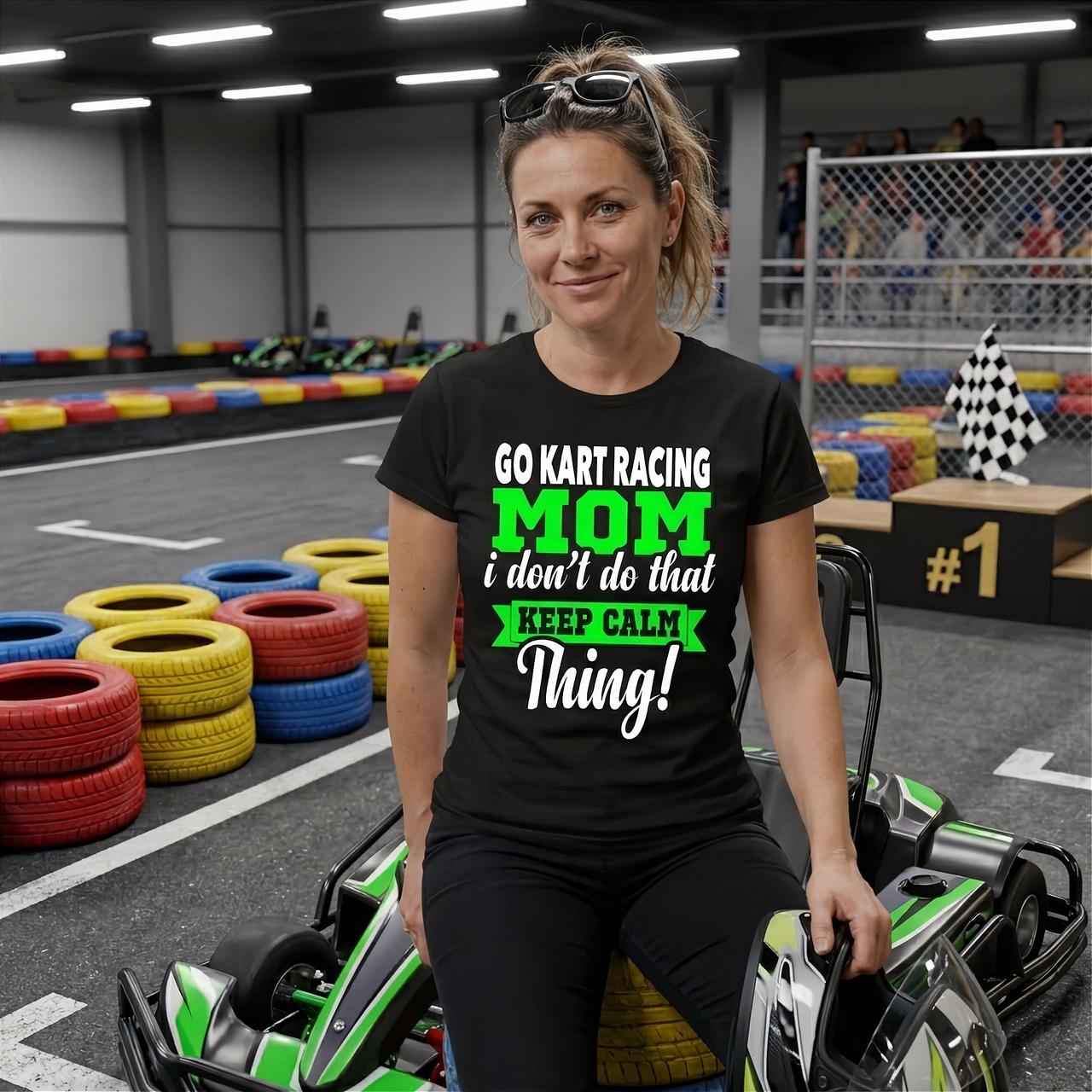 "Go Kart Racing Mom I Don't Do That Keep Calm Thing" apparel collection featuring premium women's v-necks, racerback tanks, fitted t-shirts, and cozy fleece hoodies.