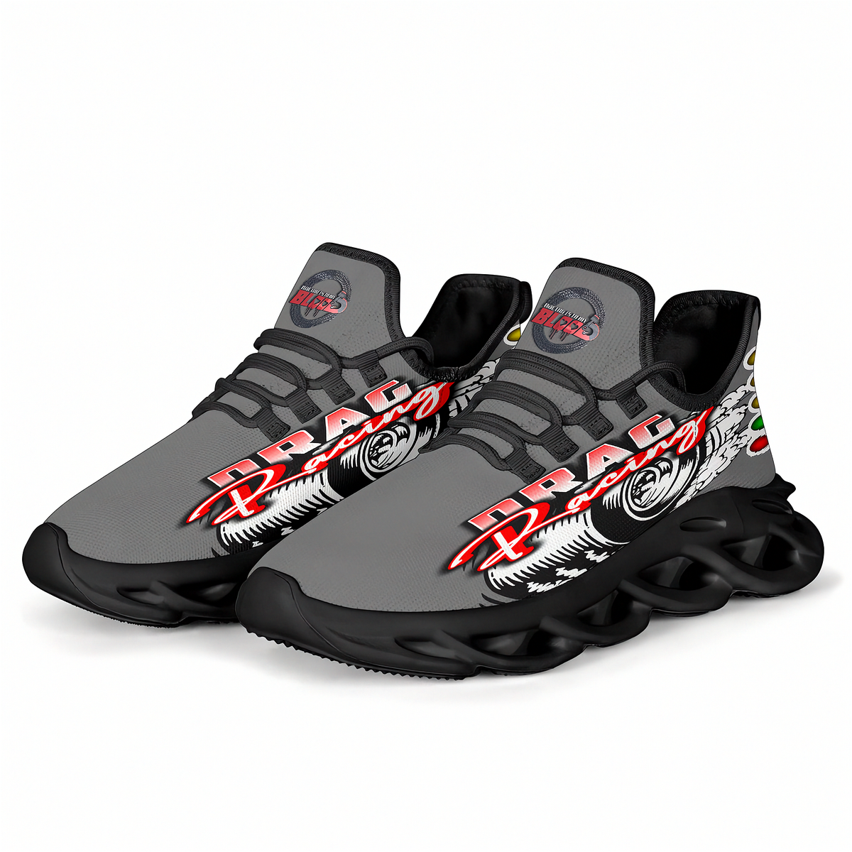 A pair of low-top athletic sneakers shown on a clean white background. The shoes feature a gray upper with black laces, black soles, and a prominent graphic on the side reading 'TRAIL RACING' in red and white over a black and white dragon design.