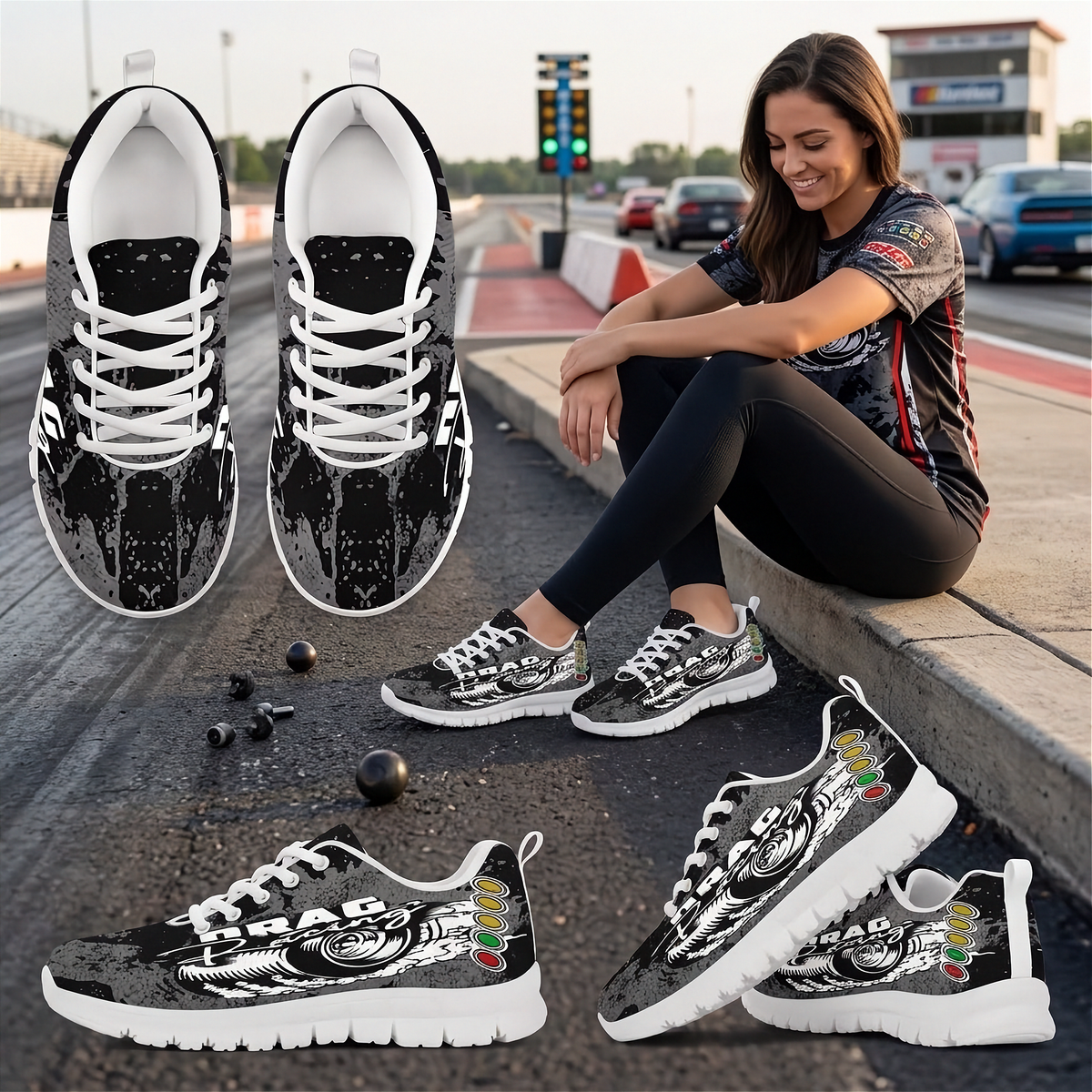 A pair of black and white graphic sneakers with white laces and white soles, shown in a composite layout with a woman sitting on a street curb wearing them. The shoes feature a distressed black-and-white design with a motorcycle graphic and the word 'DRAG RACING' printed across the side.