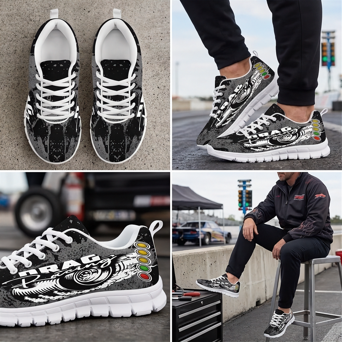 A four-panel collage showing a pair of black and white graphic sneakers from multiple angles and in use. One panel shows the shoes on a concrete surface, one shows them being worn with black pants, one is a close-up of the side graphic, and one shows a person sitting on a stool wearing the shoes in an outdoor setting.