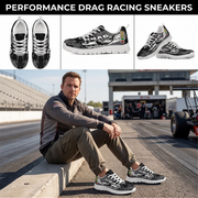 A promotional collage for drag racing sneakers. The top section shows three clean product views of the shoes on a white background, with the text 'PERFORMANCE DRAG RACING SNEAKERS' at the top.