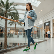 Woman walking in a modern mall wearing a denim jacket and green checkered shoes.