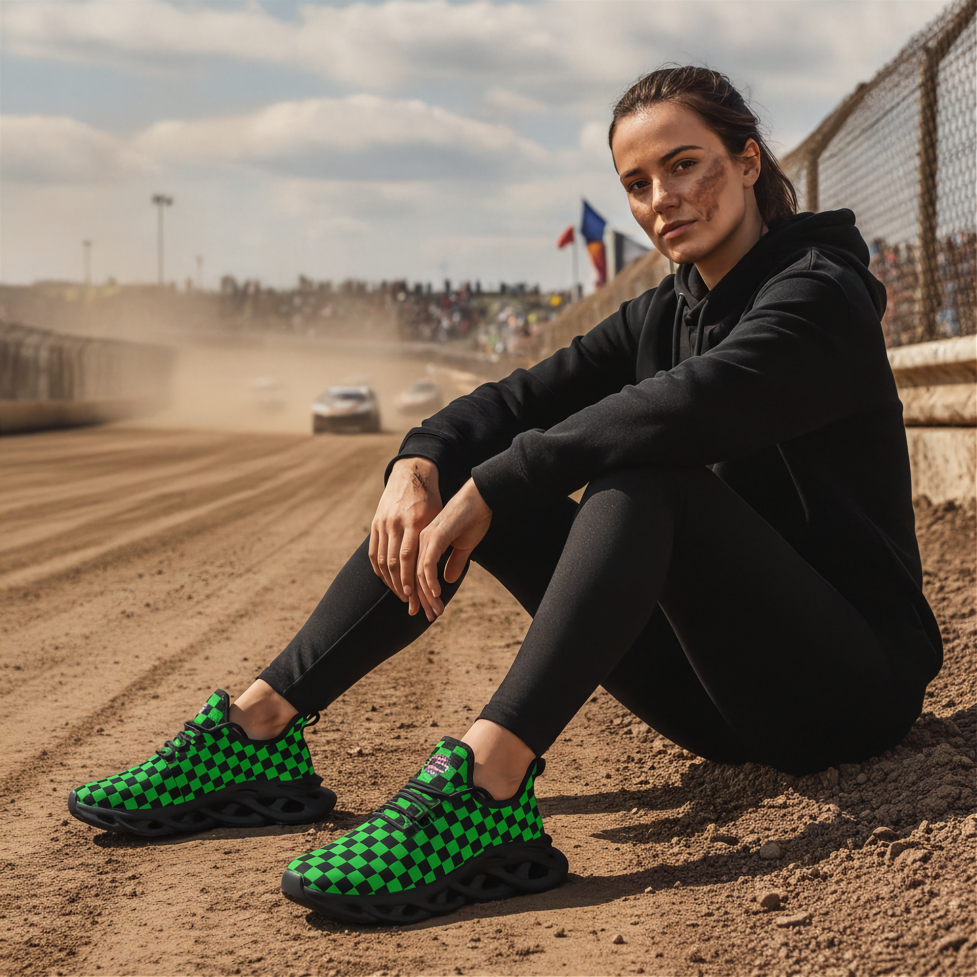 Woman sitting on a dirt track wearing black outfit and green checkered shoes
