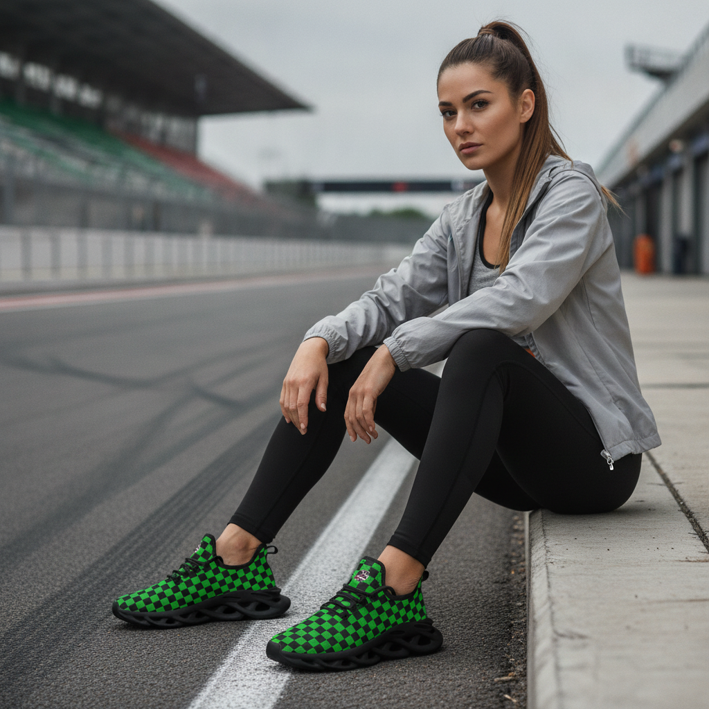 Woman sitting on a race track wearing green and black checkered sneakers.