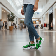 Woman wearing green checkered sneakers in a mall setting