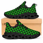 Green and black checkered sneakers on a beige box with a white background