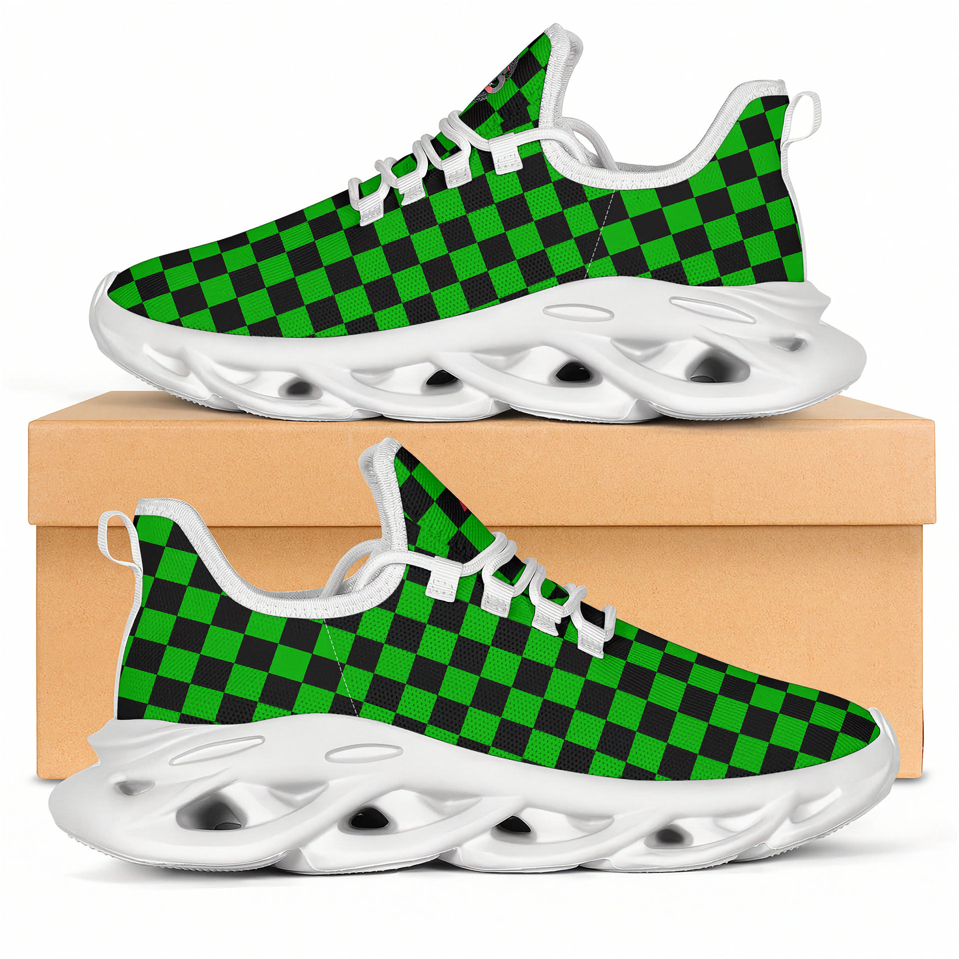 Green and black checkered sneakers with white soles on a beige box.