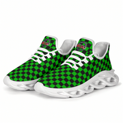 Green and black checkered sneakers with white soles on a white background