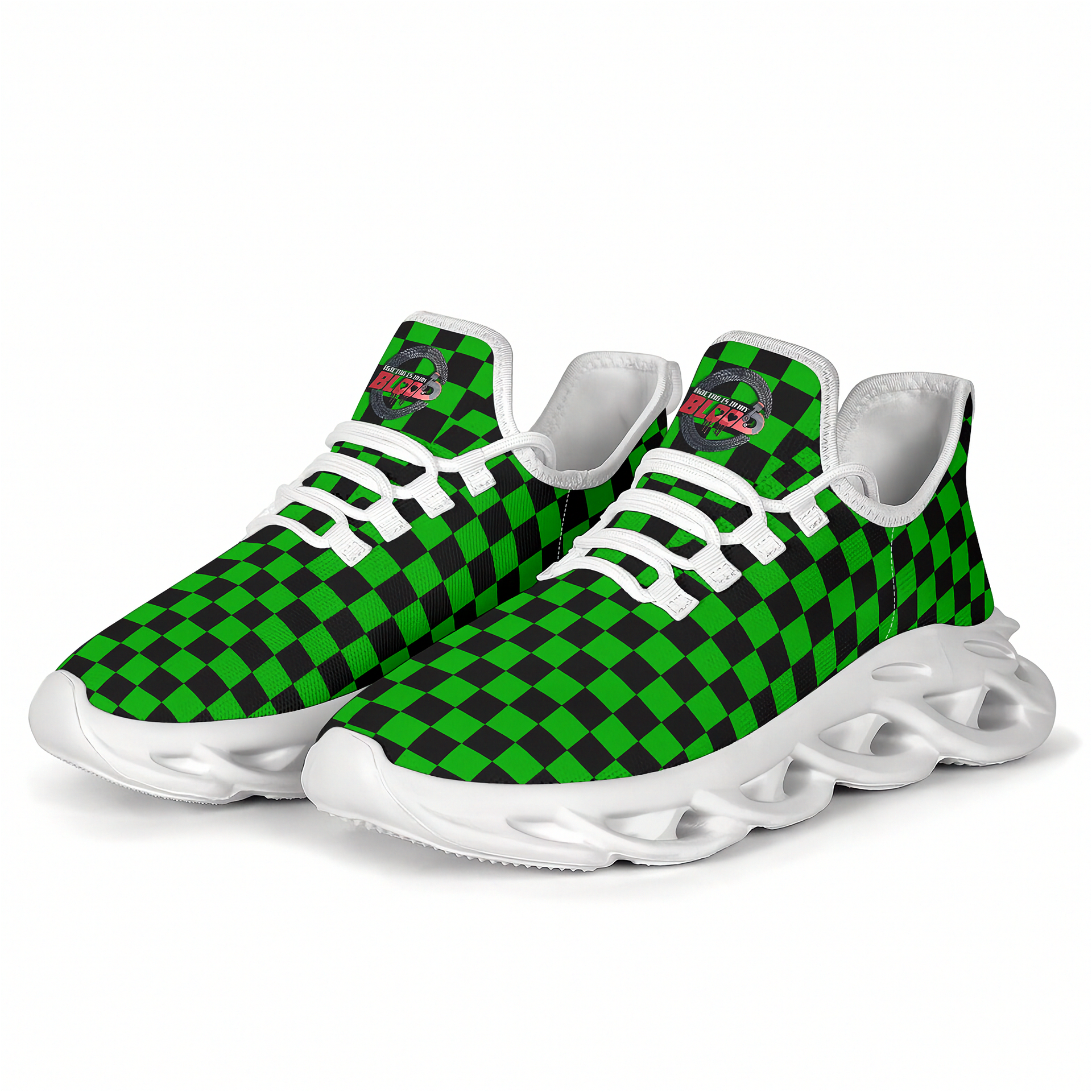 Green and black checkered sneakers with white soles on a white background